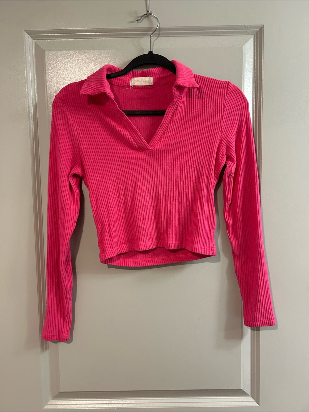 Altar'd State Ribbed Long-Sleeve Polo Top in Hot Pink